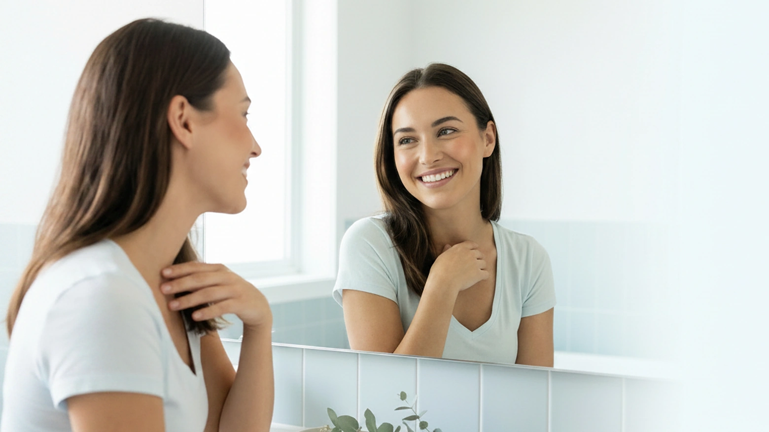 Woman smiling at her reflection in a bathroom mirror